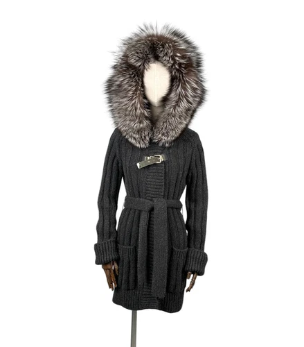 GUCCI MAGLIA CARDIGAN CAPPOTTO PELLICCIA ECO CAPPUCCIO Donna Grigio Taglia S