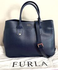 FURLA Satchel Leather 2way Logo Hand Tote Crossbody Bag Women Navy