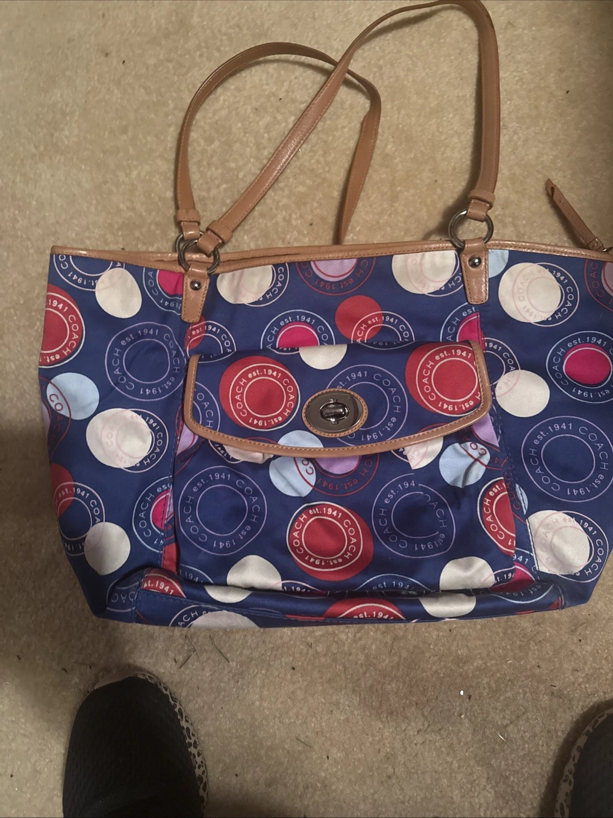 COACH Polka Dot Leah F14667 Blue White Red Shoulder Handbag Purse