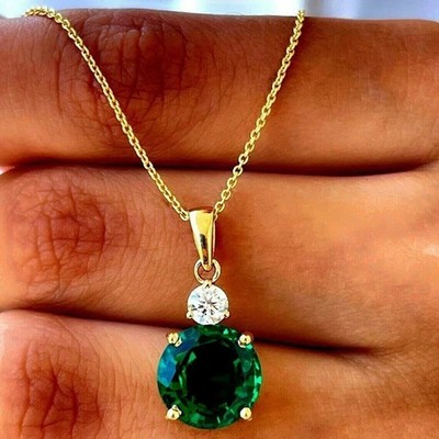3Ct Round Cut Simulated Green Emerald Womens Pendant 14K Yellow Gold Plated