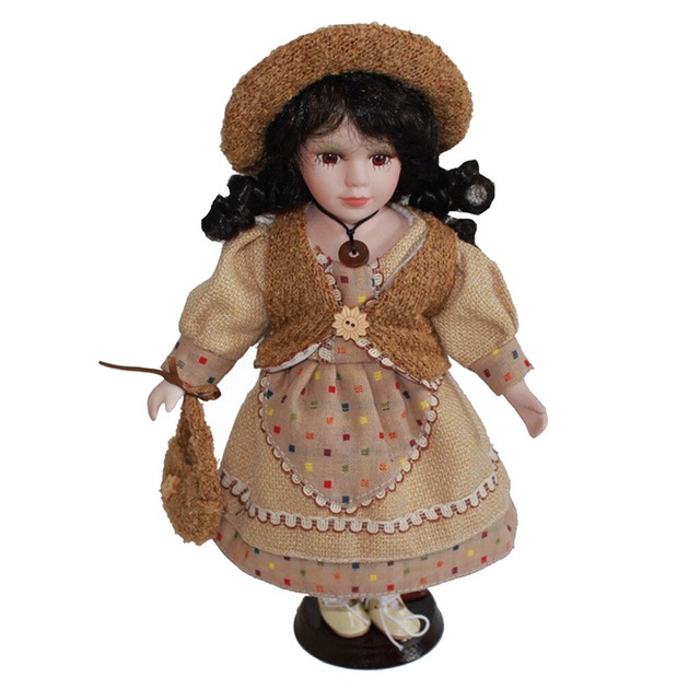 30cm Vintage Porcelain Girl Doll in Beige Dress Hat Handbag Set Kids Gift 30cm Vintage Porcelain Girl Doll in Beige Dress Hat Handbag Set Kids Gift