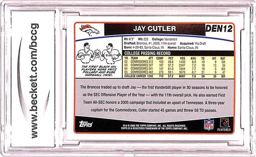 2006 Topps Team Sets #DEN12 Jay Cutler Denver Broncos Rookie Card BCCG 10 MINT - Picture 2 of 2