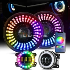 7" RGB LED Headlights Demon Chasing DRL Combo Kit& 4" Fog Lights for Wrangler JK