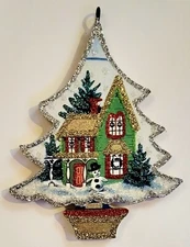 TREE SHAPE, GREEN HOUSE, SNOWMAN * Glitter CHRISTMAS ORNAMENT * Vtg Img