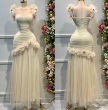 Light Yellow Mermaid Wedding Dresses Short Sleeves Ruffles Tulle Bridal Gowns