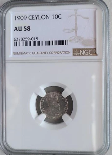 Ceylon 10 Cents 1909 NGC AU 58