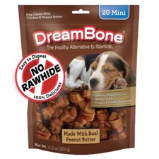 11.3 Oz. Peanut Butter Flavored Rawhide-Free Chews Dogs 20 Count Mini Bones New