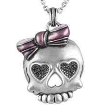 Skull Necklace Black Cubic Zirconia skull girl pink bow stainless steel pendant