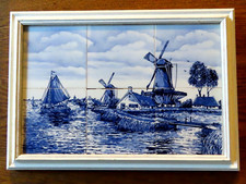 Dutch Delft Blue Tile Windmills And Boats - Vintage Blue and White Ceramic Tile