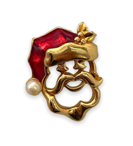 Święty Mikołaj Przypinka Broszka Perła Emaliowana Kapelusz Złoty odcień Gwiazdy Oczy Krawat Vintage - Zdjęcie 1 z 9