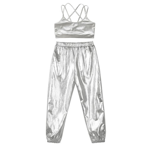 Kids Girls Set Shirts Outfits 2 Piece Dancewear Athletic Suit Shiny Metallic - Picture 29 of 38