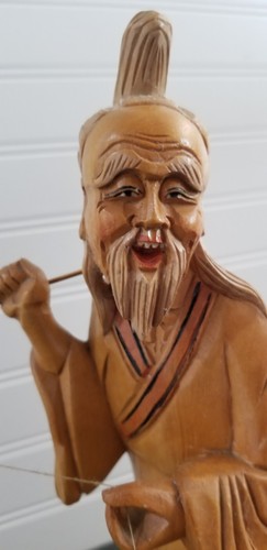 Vintage Hand Carved Wooden Statue Asian Man Fishing Figurine 12"H - Picture 5 of 17