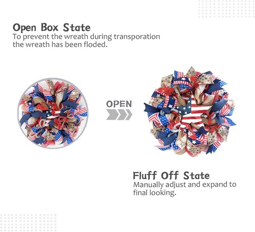 Patriotic Day Memorial Day American Flag Color Burlap Mesh Wreath for Front Door - Picture 4 of 6