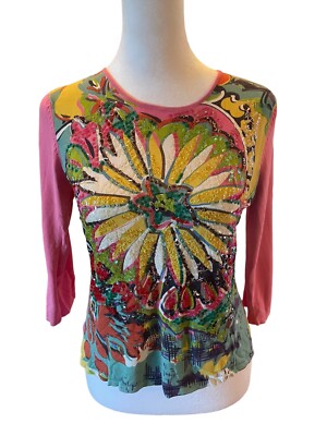 Joseph A Qu'est Ce que c'Est Silk Womens knit Top S Floral Print Pullover Y2K