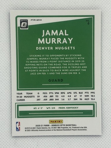 2020-21 Donruss Optic Basketball Purple Prizm #6 Jamal Murray Denver Nuggets - Picture 2 of 2