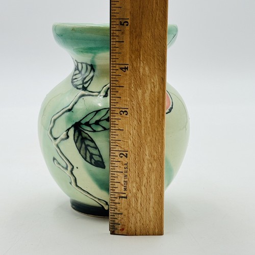 Green Majolica Vase Studio Pottery W Raised Painting Orange Tree Branch Signed - Picture 10 of 12
