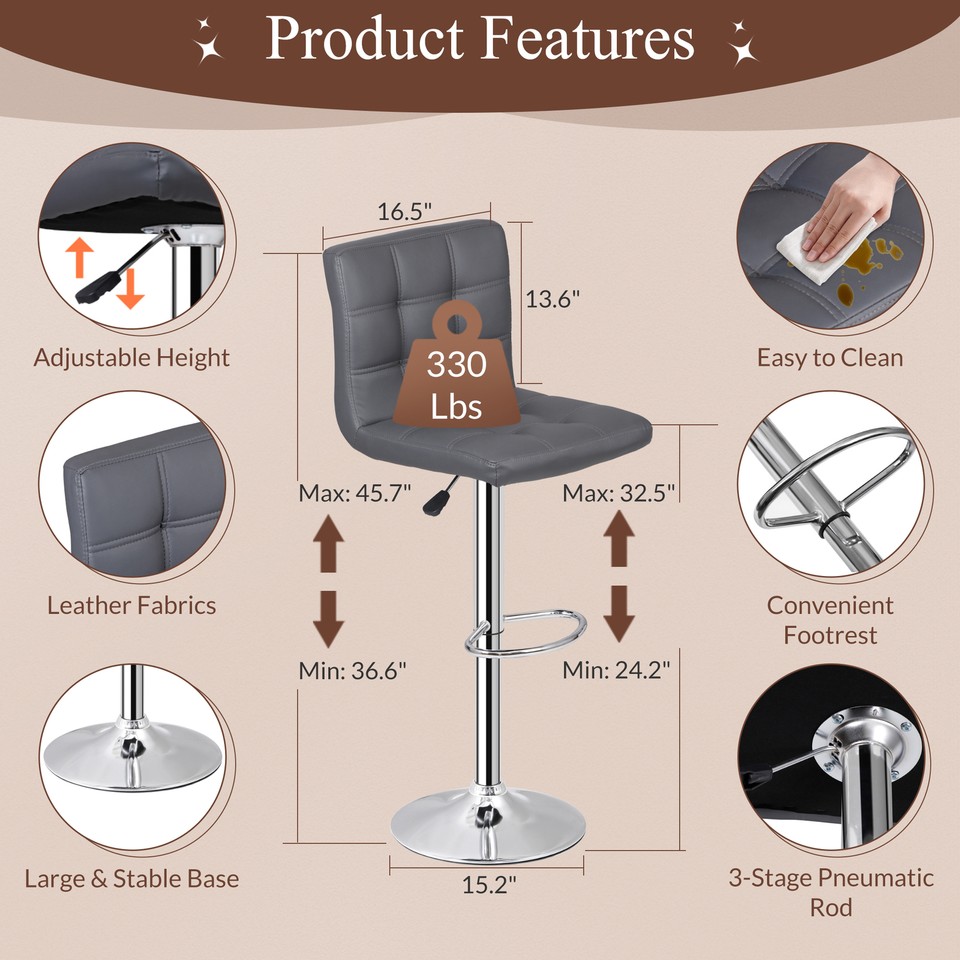 Set of 4 Modern Bar Stools w/3 Level Gas Rod Metal Frame PU Leather ...