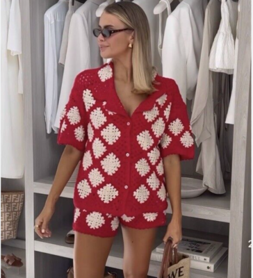 Zara Women Crochet Knit Polo Shirt White Red XS-S M-L 7200/035 NWT