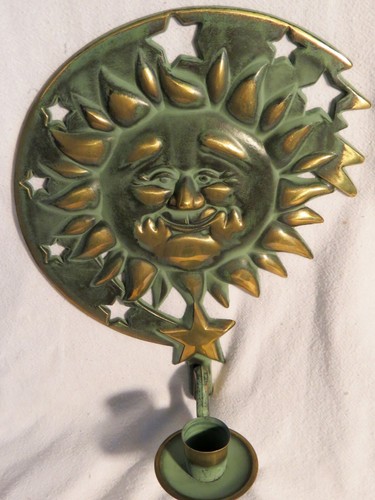 1994 Partylite Brass Celestial Sun Face and Stars Wall Candle Holder Sconce.
