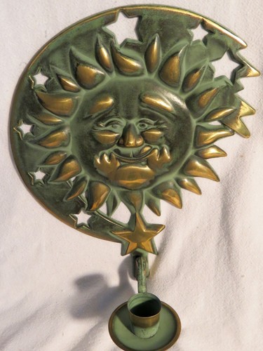 1994 Partylite Brass Celestial Sun Face and Stars Wall Candle Holder Sconce. - Picture 1 of 7