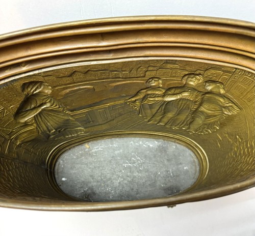 Vintage English Embossed Brass Umbrella Stand Street Scene Pot 21” Oval Claw Leg - Picture 8 of 13