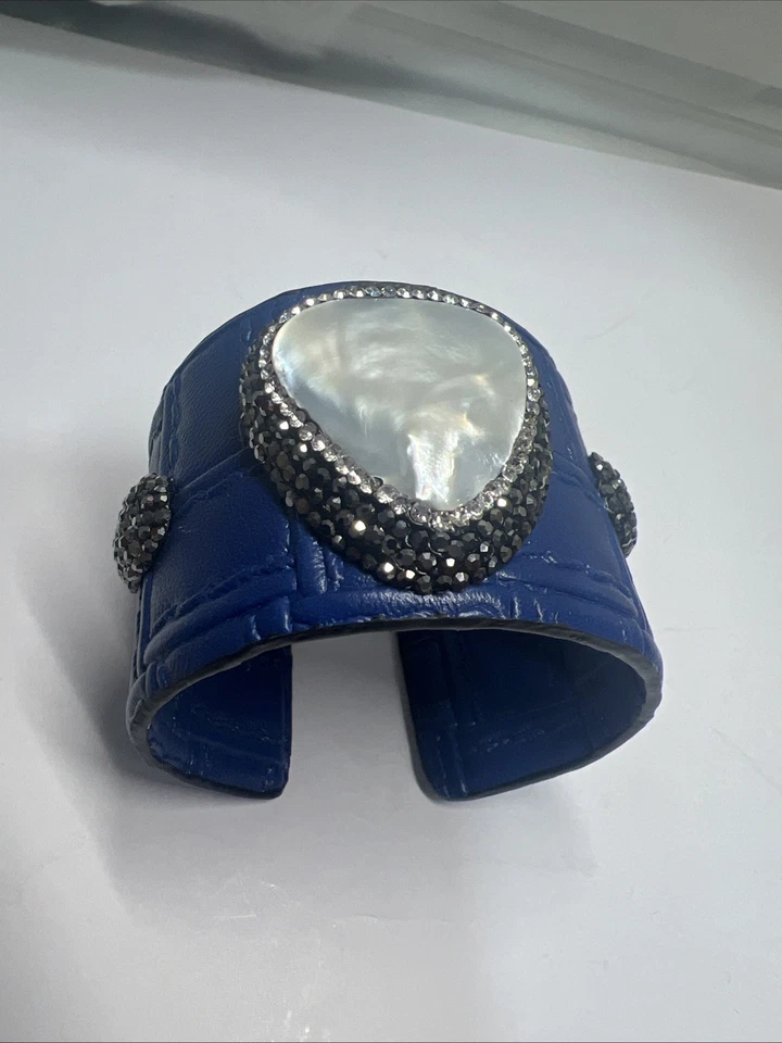 Bracelete de pedra semipreciosa pérola larga ajustável azul - Imagem 4 de 4