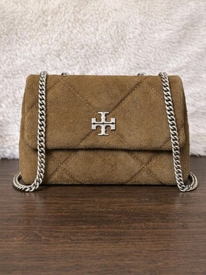 Tory Burch Kira Diamond Quilt Suede Shoulder Bag - Deep Olive