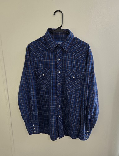 Wrangler Western Pearl Snap Shirt Men Size Large Blue Plaid Long Sleeve Vintage - Picture 3 of 9