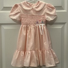 VTG Polly Flinders Youth Girls Size 4 Smocked Pink Dress Peter Pan Collar