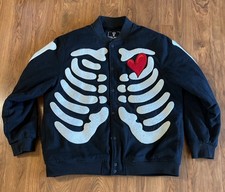 Rebel Minds Skeleton Heart Varsity Jacket  Gray Chenille Ribcage Graphic K.Lamar
