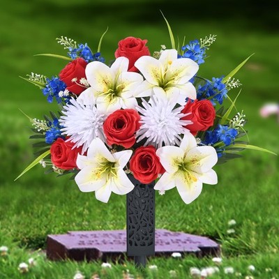 MARTINE MALL 2 Sets Artificial Cemetery Flowers 2 Sets, Red & White & Blue