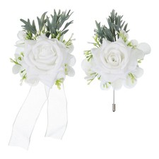 White Wrist Corsage and Boutonnieres Set, Artificial Flowers for Wedding
