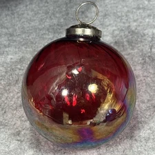 Hand Blown Art Glass Christmas Ornament Red Iridescent Ball Holiday Decor