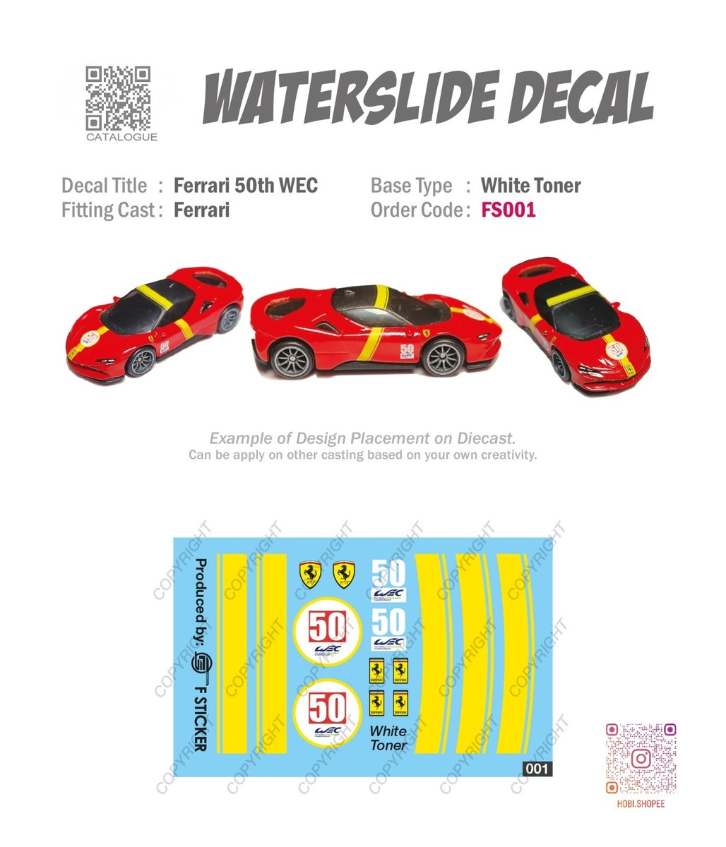 FS001 White Toner Universal Waterslide 1/64 Decal# Ferrari 50th