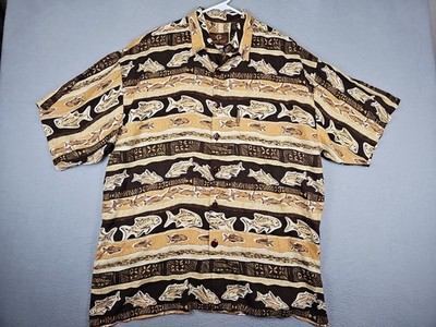 Mango Moon Hawaiian Rayon Shirt Men's Size Medium Brown Fish Pattern Costal
