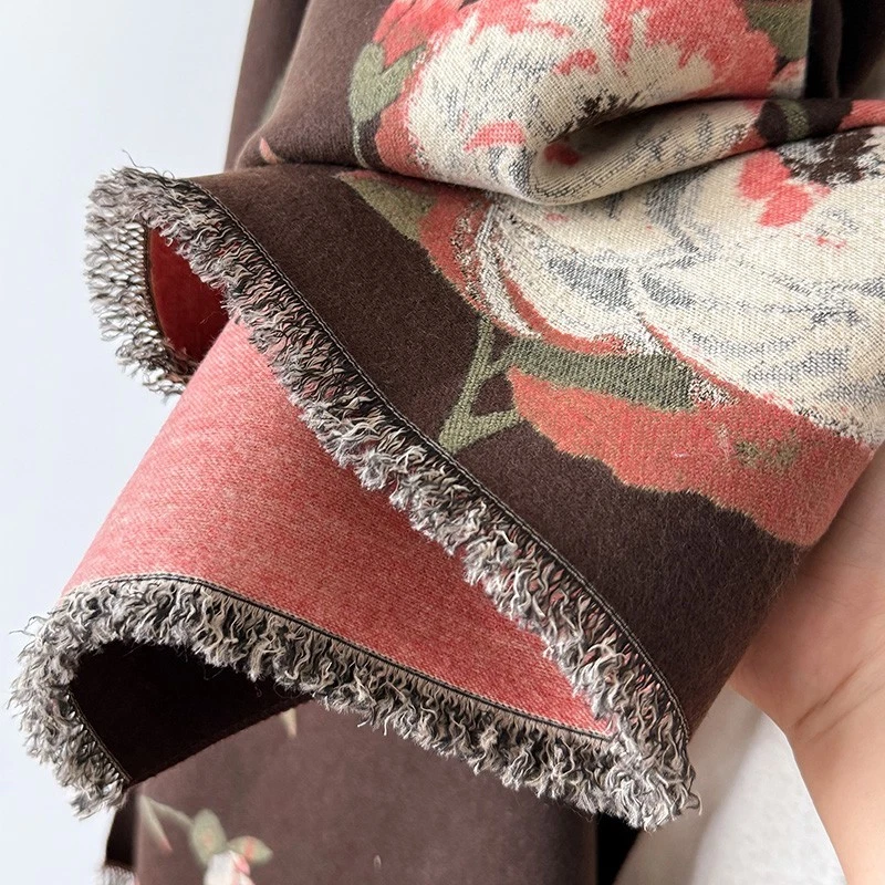 Elegante Bufanda Chal Floral Reversible Marrón Oscuro Rosa Gran Tamaño Flecos Envoltura Foto 3 de 4