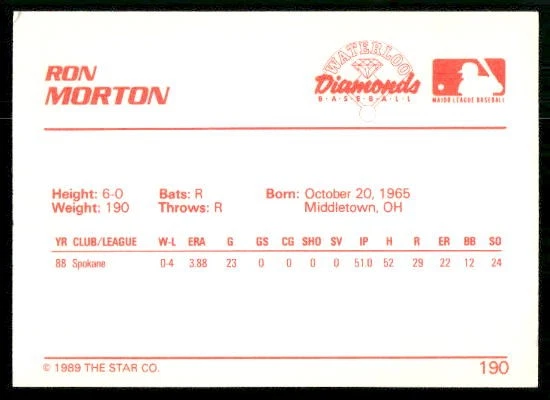 1989 Ron Morton #190 Waterloo Diamonds - Image 2 of 2