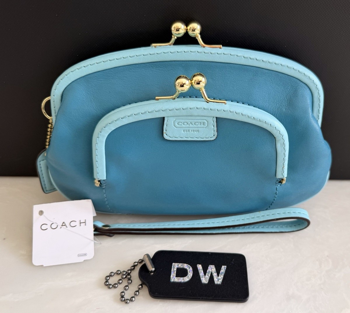 NWT COACH MADISON VINTAGE TEAL DOUBLE KISSLOCK FRAME WRISTLET