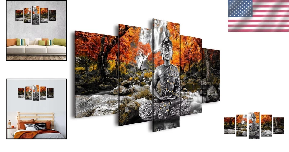 Arte de pared de Buda enmarcado de 5 paneles - Decoración de paisaje Zen 40"x20" Foto 2 de 4