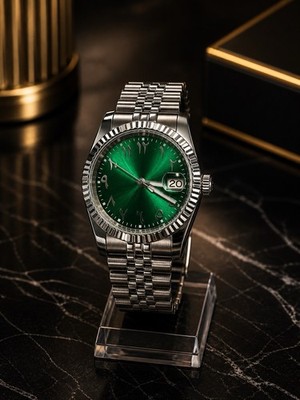 Green Sunburst Automatic Watch Arabic Numerals Fluted Bezel Jubilee Steel 36mm