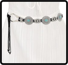 Western Concho Belt Woman Turquoise Cowgirl Rope Waist Belts Silver Country C...