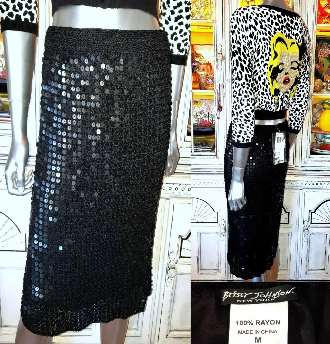 Betsey Johnson Vintage New York 90s Runway Black Sequin Midi Crochet Dress Skirt