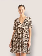 SheIn S A-Line Dress Brown Leopard Print V-Neck Short Sleeve Short