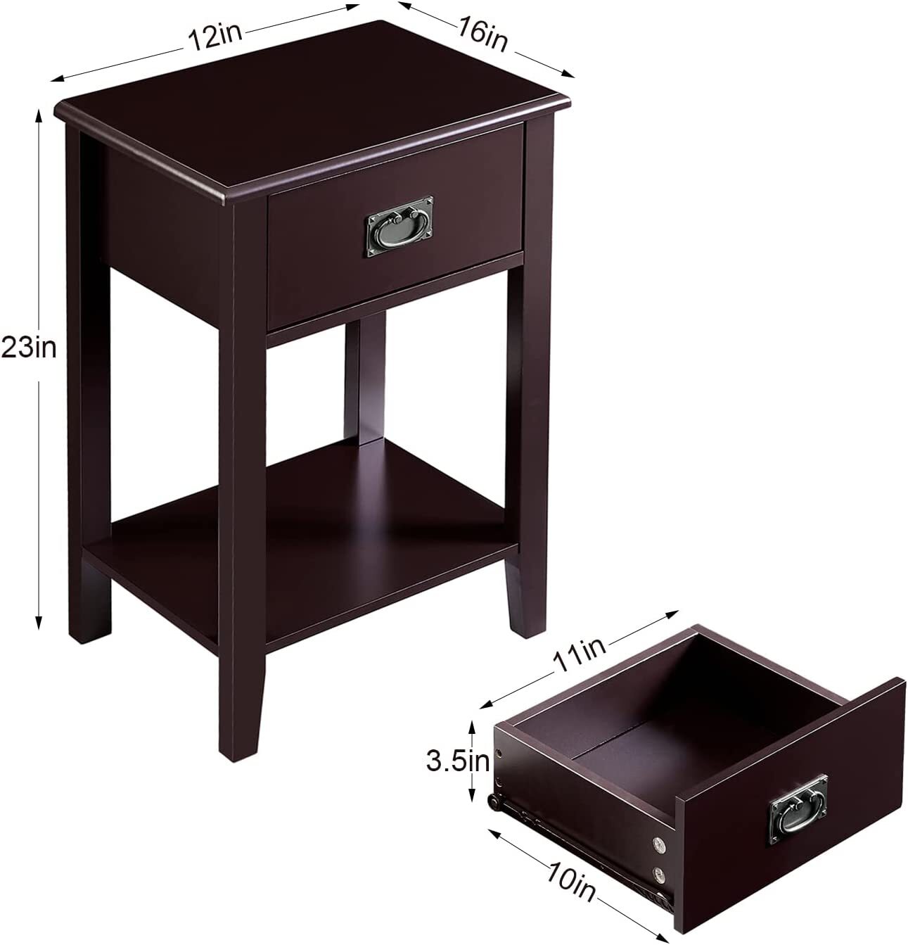 VECELO Nightstands Set of 2 End/Side Tables Living Room Bedroom Bedside, Vintage - Picture 5 of 11