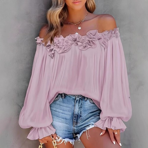 Camicetta donna casual moda spalle scoperte maniche lunghe top camicie estive nuova - Foto 4 di 19