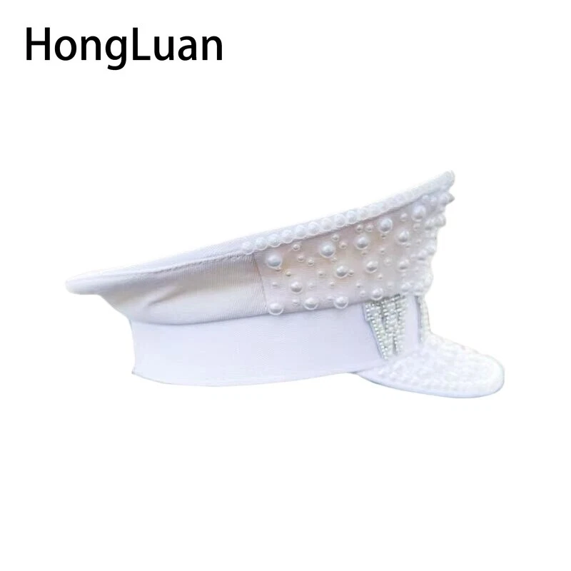 Фестиваль капитан шляпа регулируемый со стразами украшения армия крышка белый свадьбы вечеринки - Изображение 4 из 4