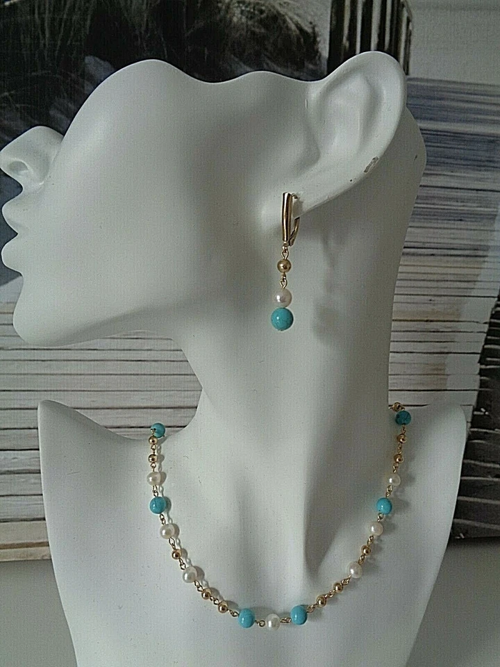 Halskette mit Perlen, Türkis, 585 Gold Filled - Bild 4 von 4