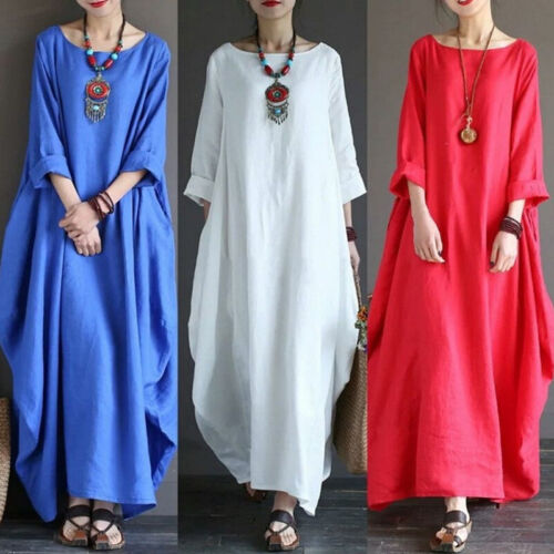 Womens Ethnic Style Cotton Linen 3/4 Sleeves Maxi Dress Oversize Loose Long Gown - Afbeelding 1 van 15