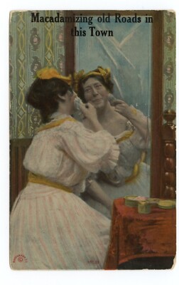 Woman Putting on Makeup in Mirror Humor Postcard