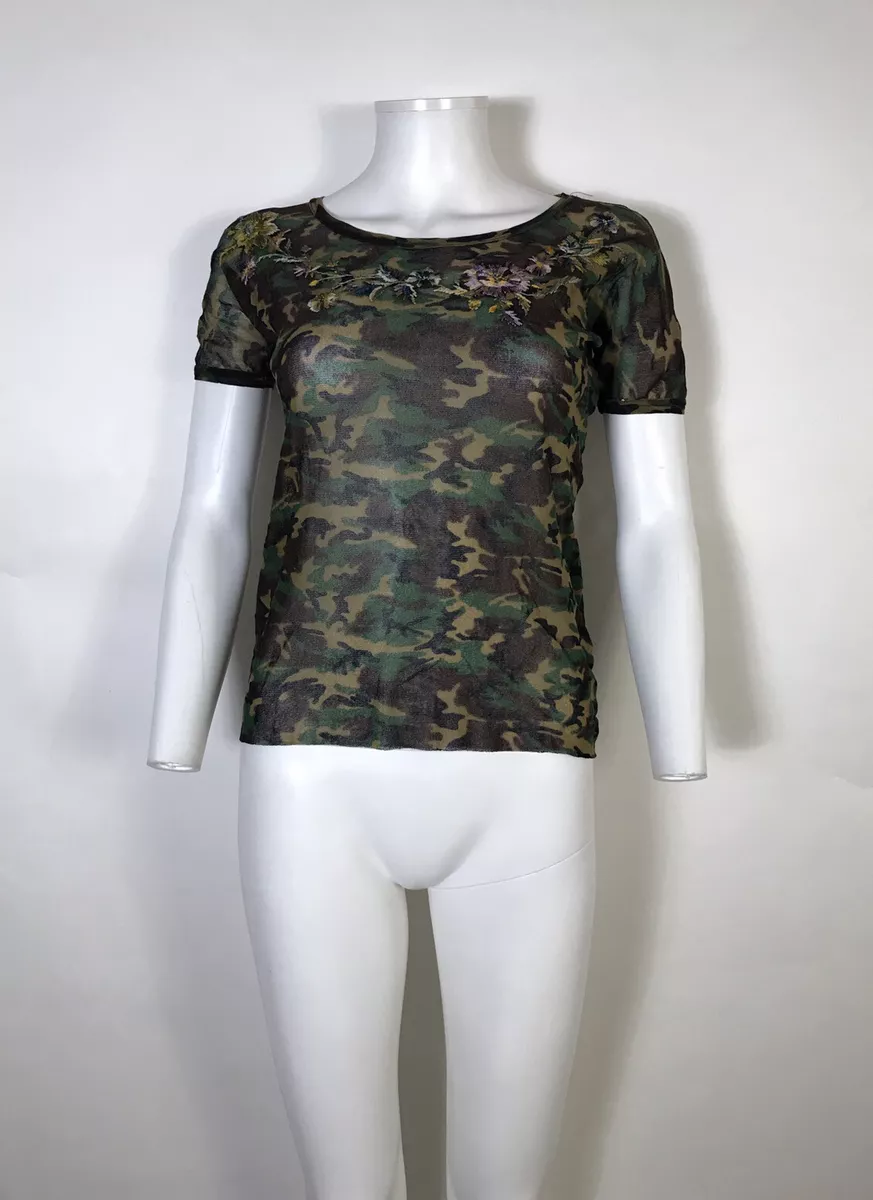 Rare Vtg Jean Paul Gaultier Camo Floral Embroidery Mesh Top XL